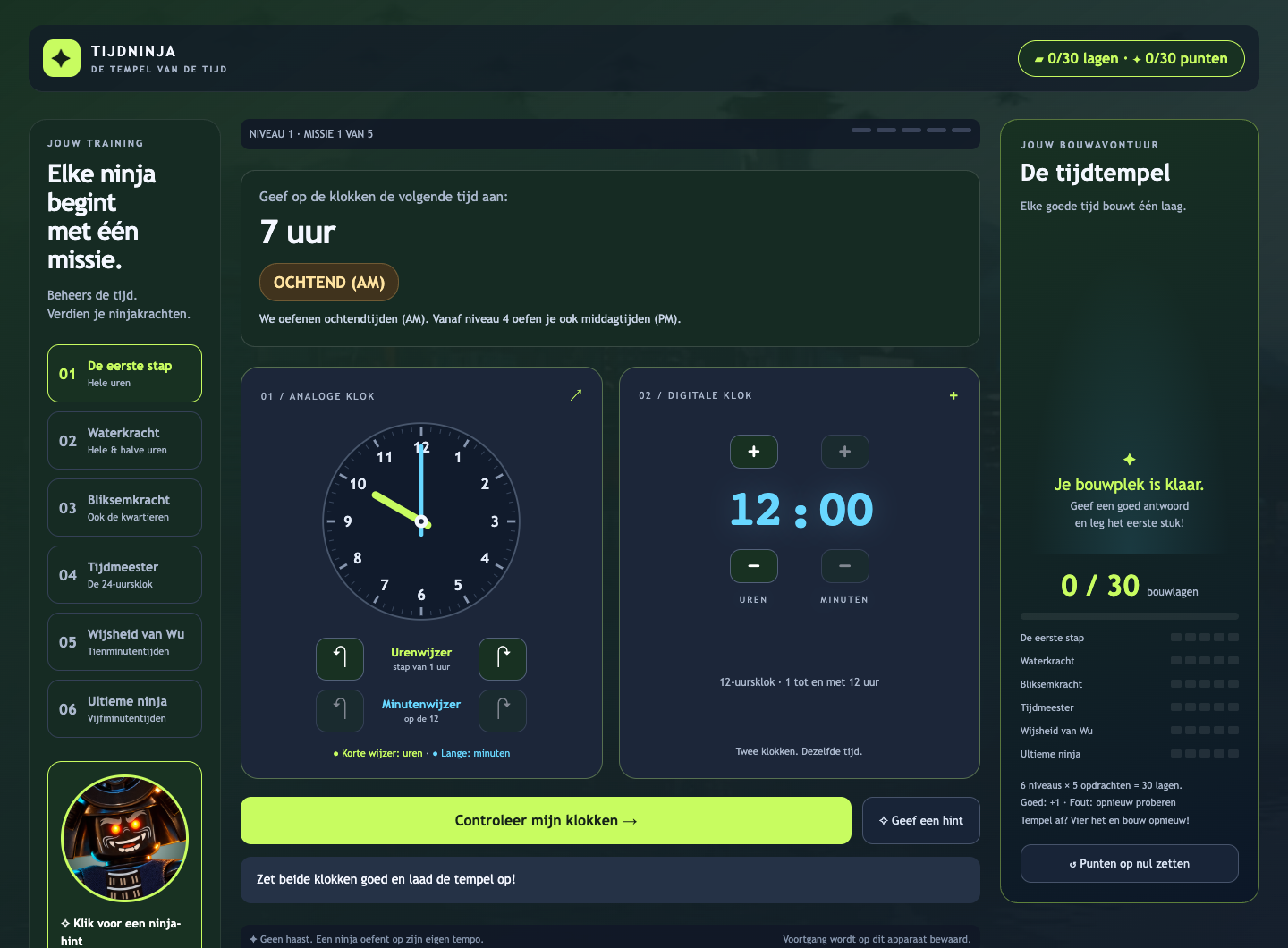 Tijdninja: het klokkijkspel met een analoge klok, digitale klok en ninjaniveaus